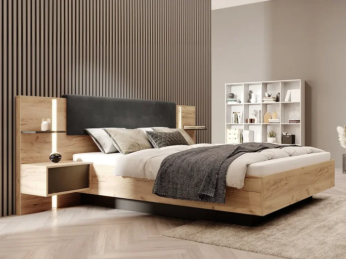 Cama con mesas de noche 160 x 200 cm – Con LEDs – Color natural y antracita + Somier – ELYNIA