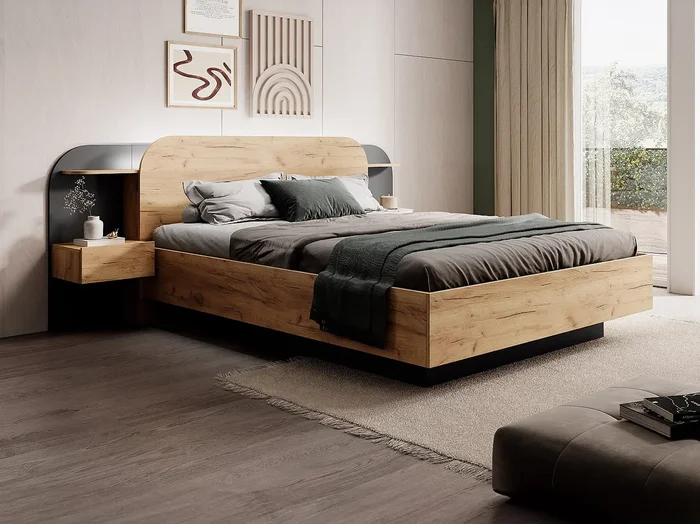 Cama con mesas de noche 160 x 200 cm – Con LEDs – Color natural y negro – JUVISIA