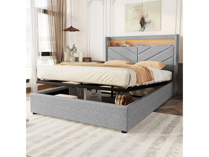 Cama contenedor 140 x 190 cm con cabecero – LED y toma USB – Tela de lino – Somier de láminas – Beige (sin colchón)
