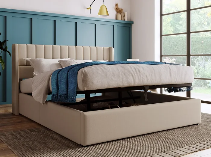 Cama contenedor 140 x 200 cm – tela de lino – somier de láminas – beige