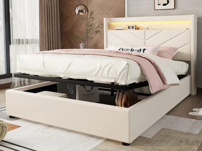 Cama contenedor 140x190cm – tela de lino – con LED y toma USB – Beige