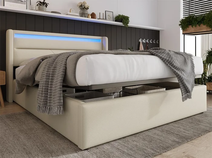 Cama contenedor 140x200cm en símil piel con LED – con somier – Blanco