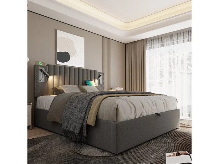 Cama contenedor 160×200 cm – cama doble tapizada con función de carga USB y lámpara de lectura – algodón – gris – sin colchón