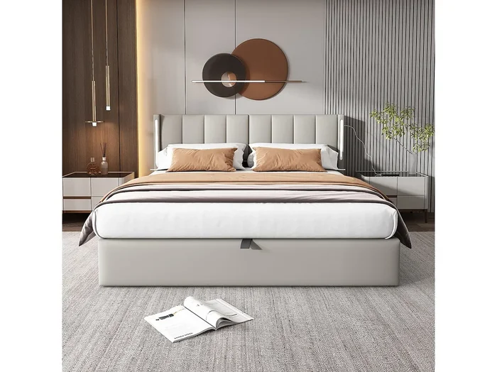 Cama contenedor 180×200 cm – cama acolchada con iluminación LED y puerto USB recargable – cabecero ajustable – PU – gris