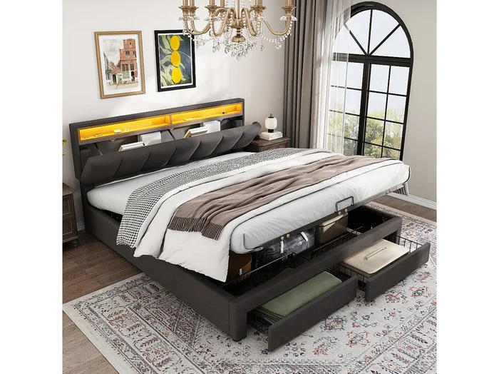Cama contenedor con 2 cajones y cabecera retráctil – 180 x 200 cm – LED – Acero y lino – para adultos – Gris
