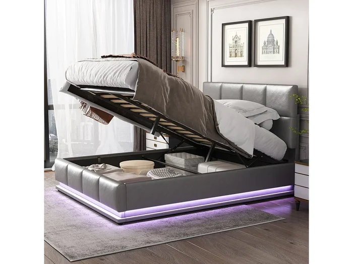 Cama contenedor con almacenaje – 140 x 200 cm – polipiel – iluminación LED – somier de láminas – estilo moderno – blanco