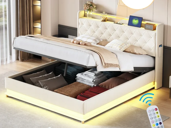 Cama contenedor con cabecero 160 x 200 cm – Puerto USB + LED – Tela de lino – Somier de láminas incluido – Beige