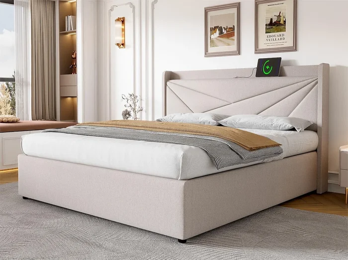 Cama contenedor de tela de lino 160×200 cm – con puerto USB y somier – Beige