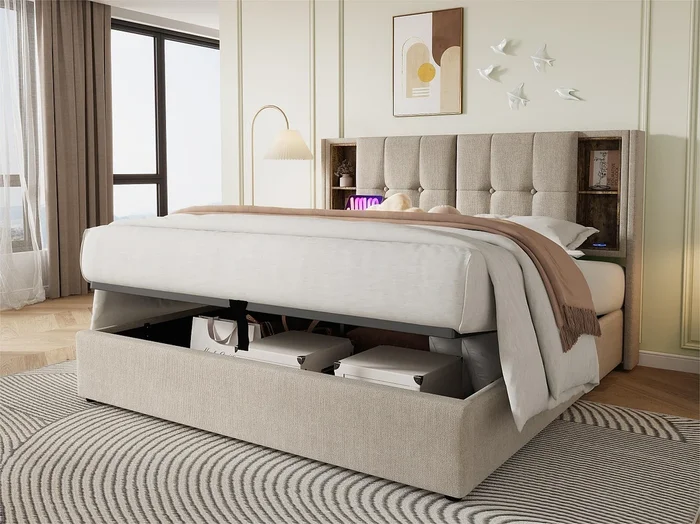 Cama contenedor tapizada 160×200 cm – con carga inalámbrica y cabezal de almacenamiento – tela de lino – Beige