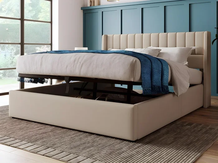 Cama contenedor tapizada 160x200cm en lino con somier de láminas – Beige