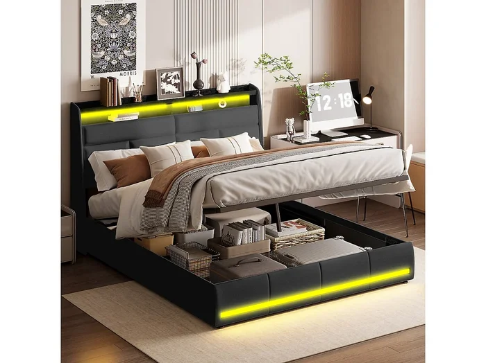 Cama de 140×200 cm con almacenaje, USB y LED, tapizada con somier de láminas, color negro