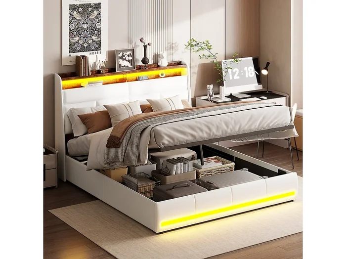 Cama de 140×200 con almacenaje, base y USB, LED, estructura de cama con almacenaje y cabecero, color blanco
