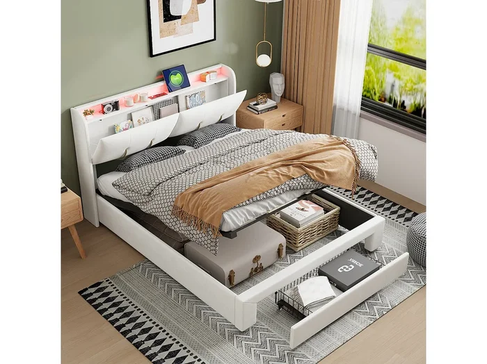 Cama de 140×200 con canapé, cama doble tapizada, cabecero con almacenaje oculto, terciopelo, blanco
