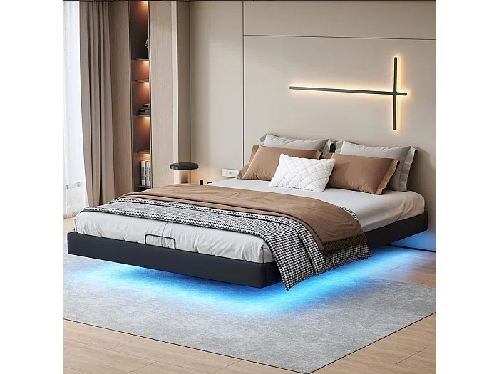 Cama de 140 x 200 cm con almacenamiento, iluminación LED, tapizada con somier de láminas, color negro