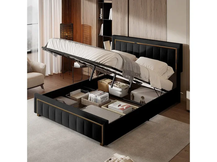 Cama de 140 x 200 cm con cabecero, tapizada y somier, color negro