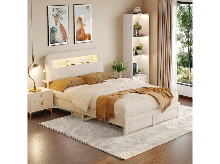 Cama de 140 x 200 cm con cajones en terciopelo beige crema, espacio de almacenamiento en cabecero y pie de cama, puerto USB + LED, diseño moderno.