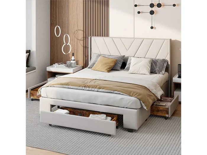 Cama de 140 x 200 cm con LED y cajones, cama doble con espacio de almacenaje y somier, Beige
