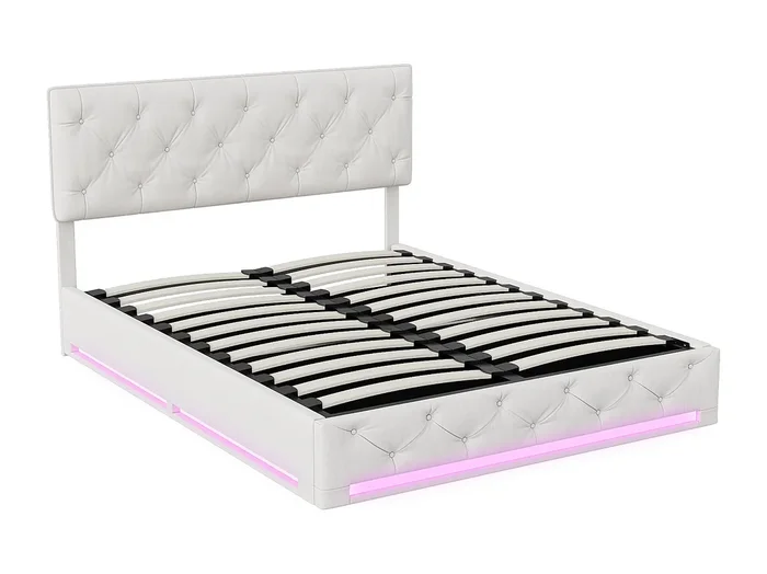 Cama de 140 x 200 cm, espacio de almacenaje, somier de láminas, iluminación LED y cabecero elevable, color beige