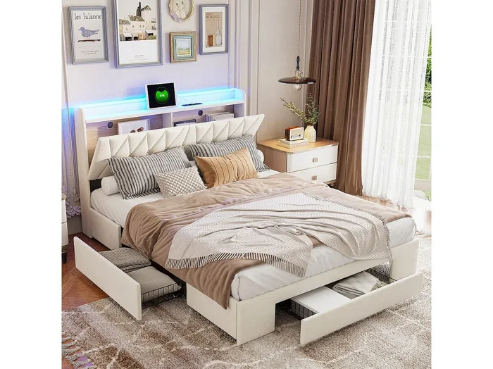 Cama de 160×200 con base LED y USB, cama de matrimonio, cabecero con almacenaje, terciopelo, beige