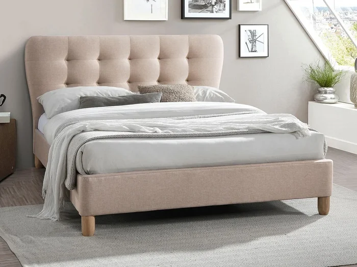 Cama de 160 x 200 cm con cabecero acolchado – Tela – Beige + Colchón – ELIDE