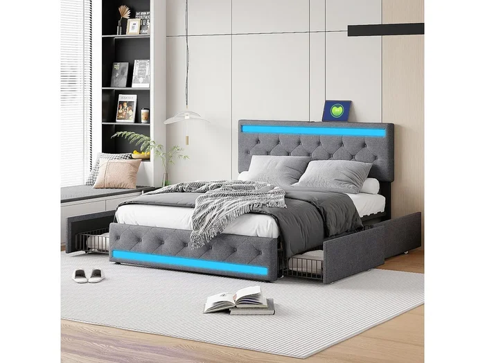 Cama de 180×200 con almacenaje, USB y LED, tapizada con 4 cajones grandes, cama doble, gris