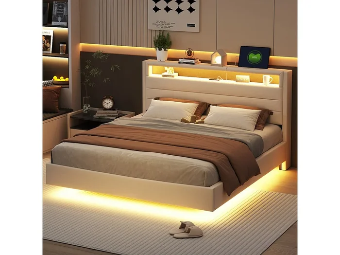 Cama de adulto 160×200 cm con cabecero con espacio de almacenamiento y luces LED, diseño flotante, en lino beige, sin colchón