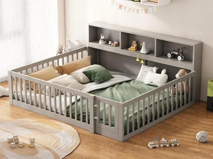 Cama de madera 140x200cm – con cabecero con almacenaje y somier – Gris