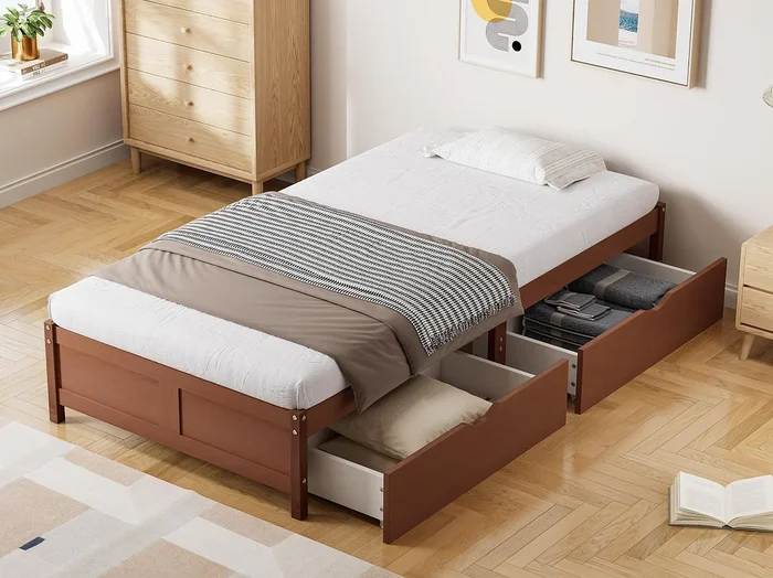 Cama de madera 90×200 cm – 2 cajones con ruedas – con somier de láminas – Marrón