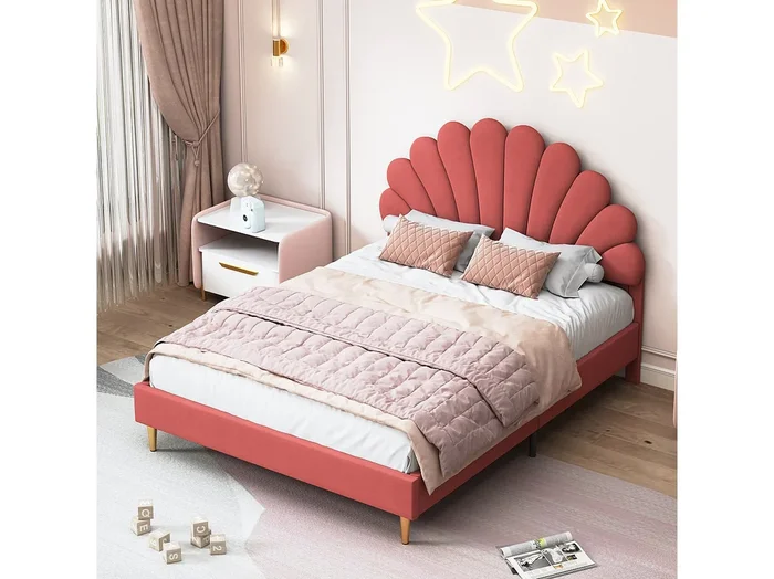 Cama de matrimonio 140*200cm, estructura de cama con cabecero en forma de flor y somier de láminas, color burdeos, terciopelo.