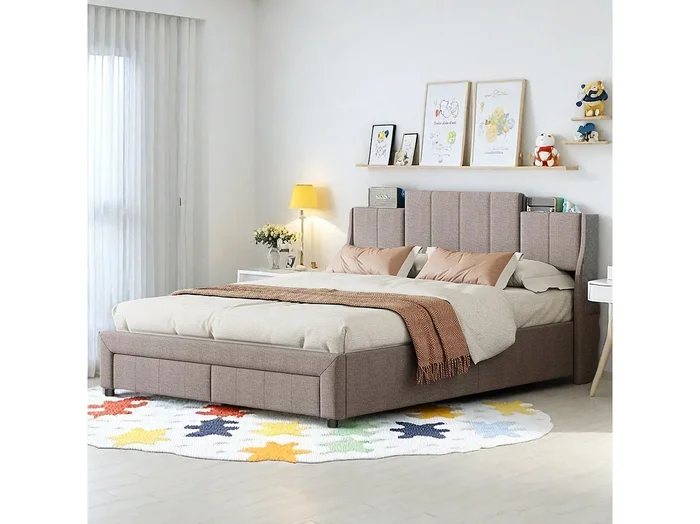 Cama de matrimonio 140×200 cm en tejido efecto lino gris con 2 cajones, cabecero con bolsillos laterales, almacenaje integrado e iluminación LED ambiental.