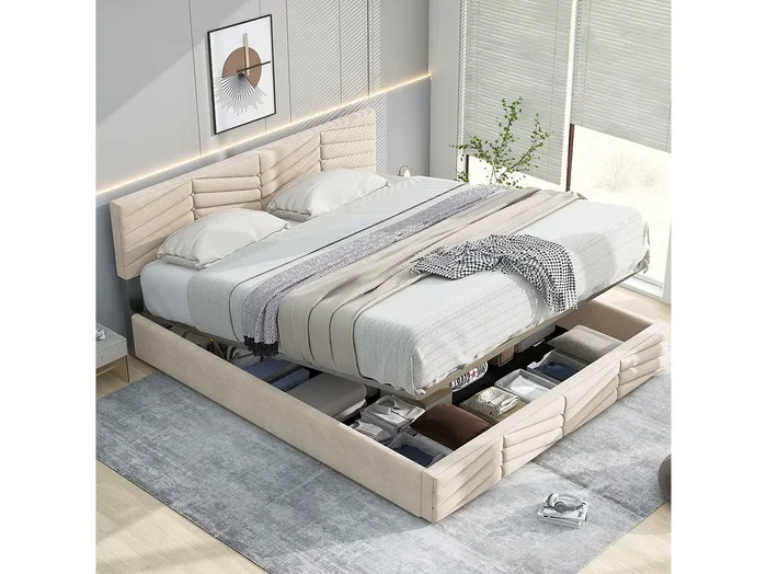 Cama de matrimonio 140×200 cm en terciopelo beige con cabecero regulable y somier de láminas.