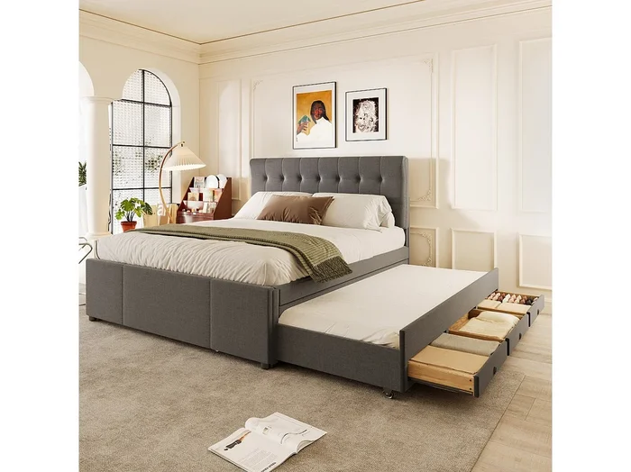 Cama de matrimonio 140×200 cm gris – Cama familiar con 3 cajones, cama nido, cabecero regulable, sin colchón