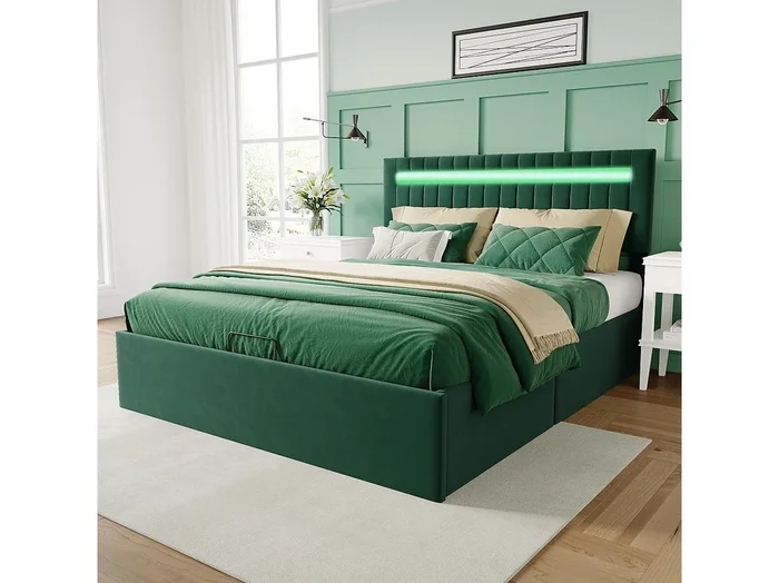 Cama de matrimonio 140 x 200 cm, con sistema hidráulico y LED, terciopelo verde, cabecero regulable en altura