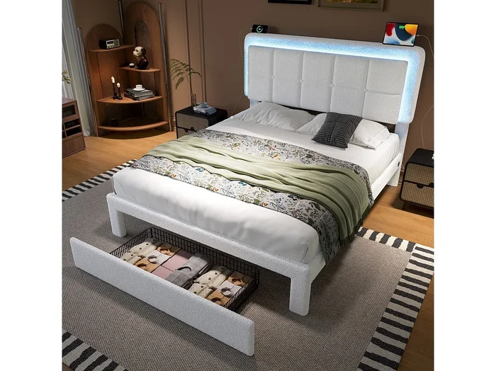 Cama de matrimonio 160×200 cm con puerto USB + LED, tela tipo teddy, estructura de hierro y madera, cabecero ajustable, sin colchón