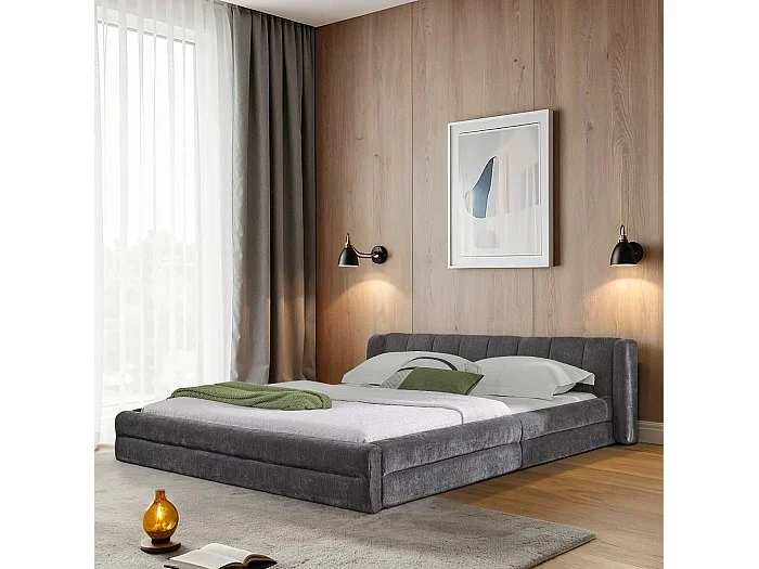 Cama de matrimonio 160 x 200 cm – Cama de adulto con respaldo suave – chenilla gris – Colchón no incluido