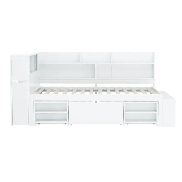 Cama de MDF 90x200cm – con almacenaje multifunción y pequeña librería extraíble – con somier de láminas – Blanco
