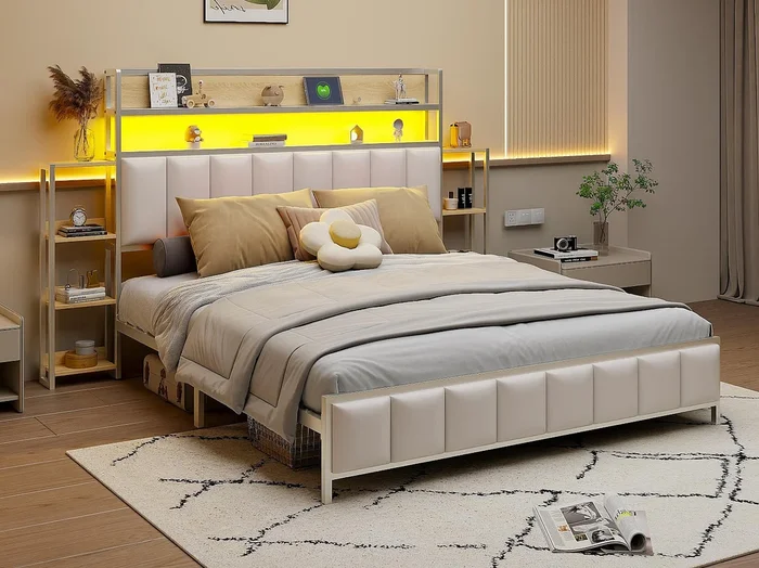 Cama de piel sintética de 160×200 cm – con LED y estantes – Blanco