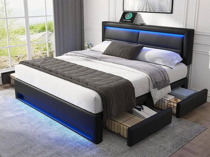 Cama doble 140×190 cm en símil piel con LED – 4 cajones – con puertos de carga (por cable e inalámbrico) – Negro