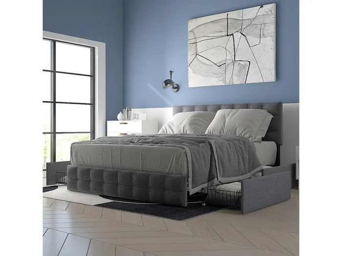 Cama doble 140×200 cm con 4 cajones, cabecero ajustable, estructura en lino gris (sin colchón)