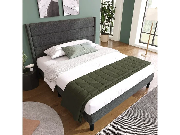 Cama doble 140×200 cm con somier de láminas y cabecero, en tela lino gris oscuro (sin colchón)