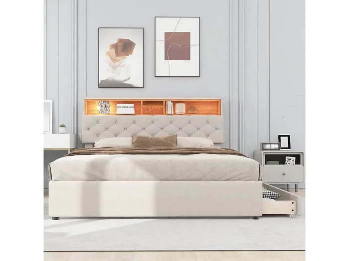 Cama doble 140×200 cm en lino beige – con cabecero ajustable, USB, LED y 2 cajones (sin colchón)