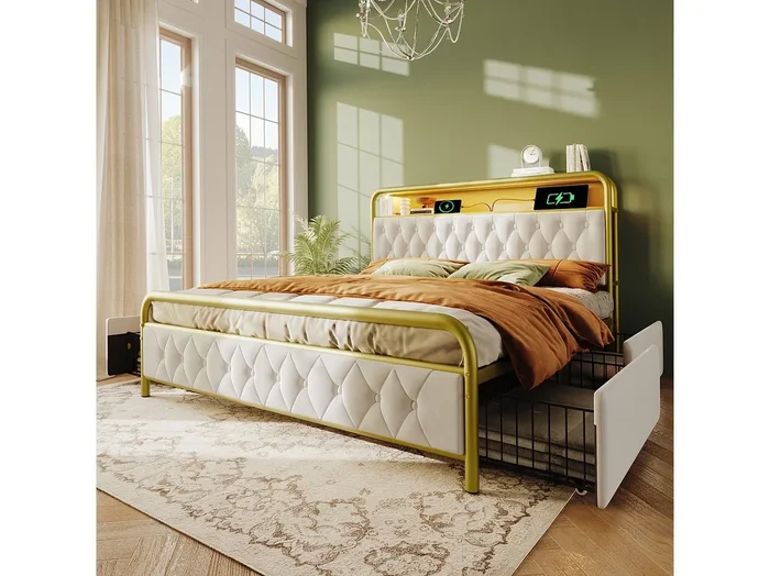 Cama doble 140×200 cm en terciopelo – Cama con USB Type C, LED y 4 cajones, estructura metálica (sin colchón)