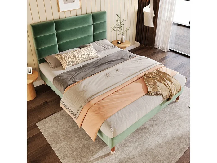 Cama doble 140×200 cm en terciopelo verde oscuro, estructura con cabecero y somier incluidos (sin colchón)