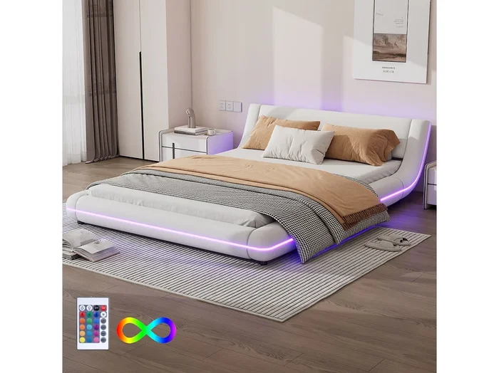 Cama doble 140 x 200 cm – Cama de suelo – Cuero PU – Luz ambiental LED con mando a distancia – Blanco