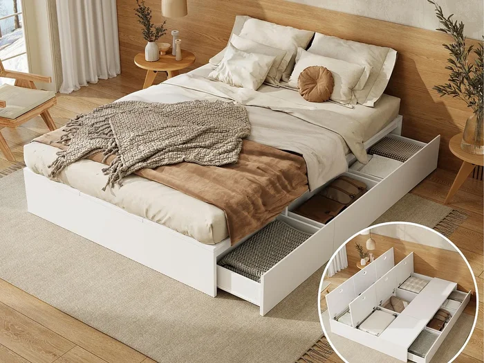 Cama doble 140×200 cm – con 3 cajones – 6 compartimentos de almacenamiento – blanco (colchón no incluido)
