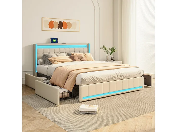 Cama doble 160*200cm, 4 cajones de hierro, con luz LED y puerto de carga USB, lino, beige