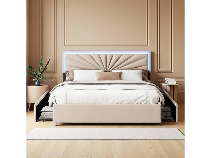 Cama doble 160x200cm tapizada con base, 4 cajones, cabecero con iluminación LED, color beige