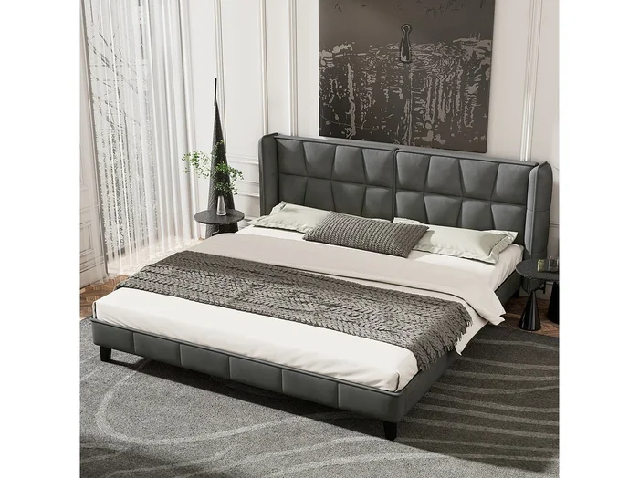 Cama doble 180×200 cm – Cabecero acolchado – Somier incluido – Terciopelo gris (sin colchón)