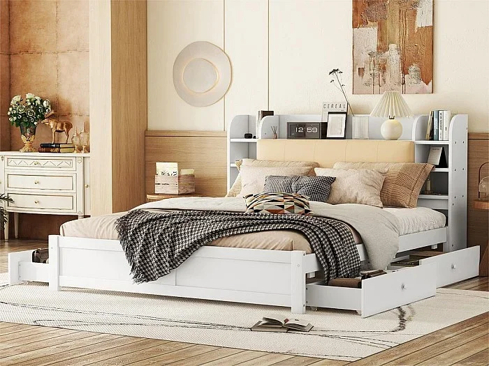 Cama doble 180x200cm – 4 cajones – compartimentos de almacenamiento en el cabecero – Blanco