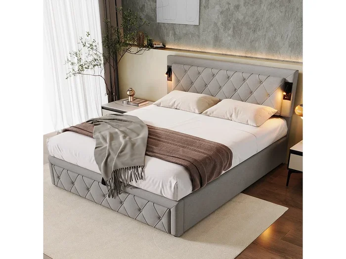 Cama doble canapé 160×200 tela gris con almacenaje hidráulico USB LED y cabecero tapizado